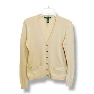 Lauren Ralph Lauren Beige Cotton V-Neck Logo Cardigan Sweater Women’s Size Small
